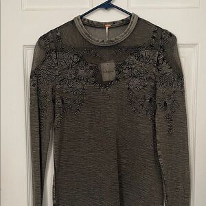Free People Charcoal Blouse with Black Embroidery